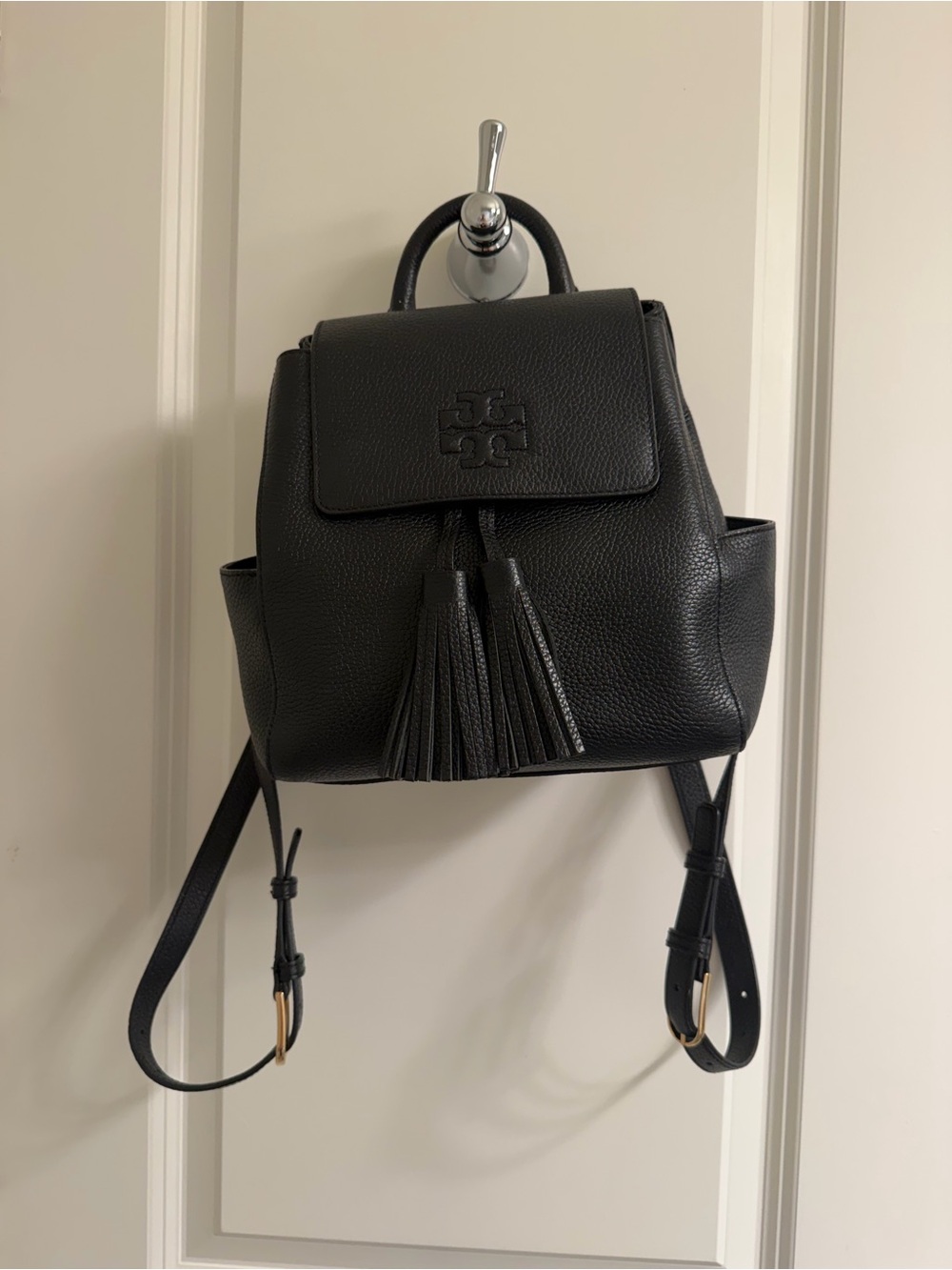 Tory Burch Black Pebbled Leather Tassel Mini Backpack